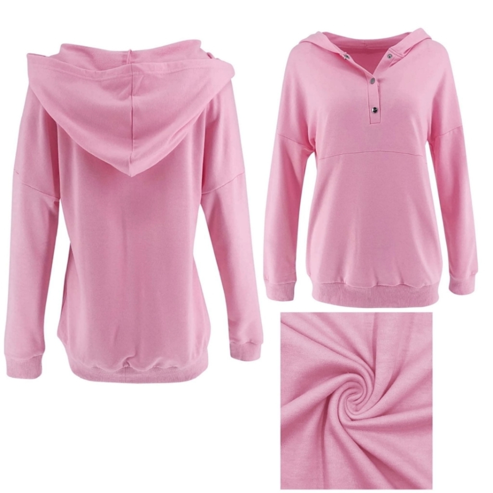 Pink Hooded Half Button Drop Shoulder Long Sleeve Pullover Sweatshirt - Picture 2 of 9